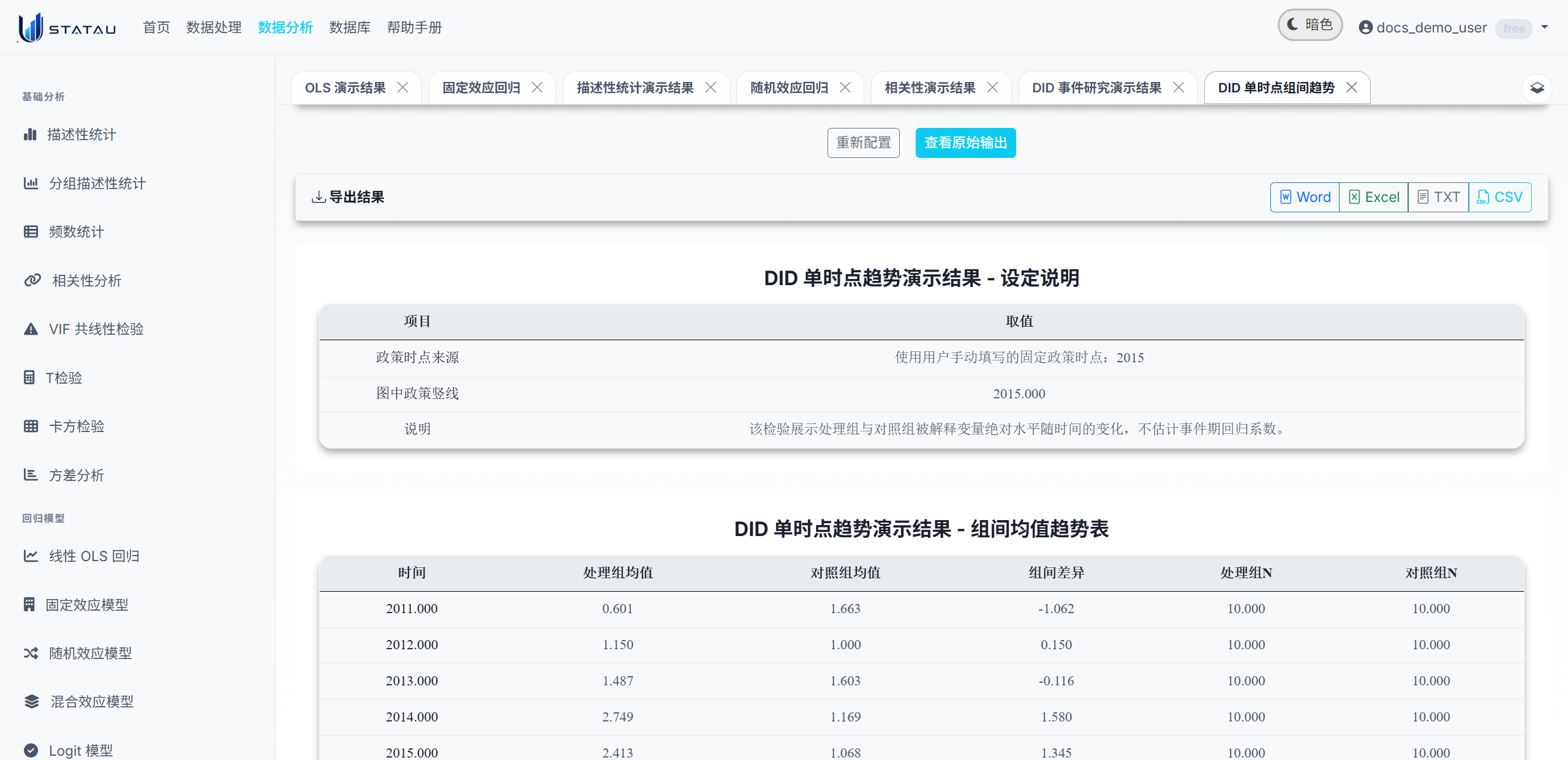 STATAU DID 单时点组间趋势结果页截图