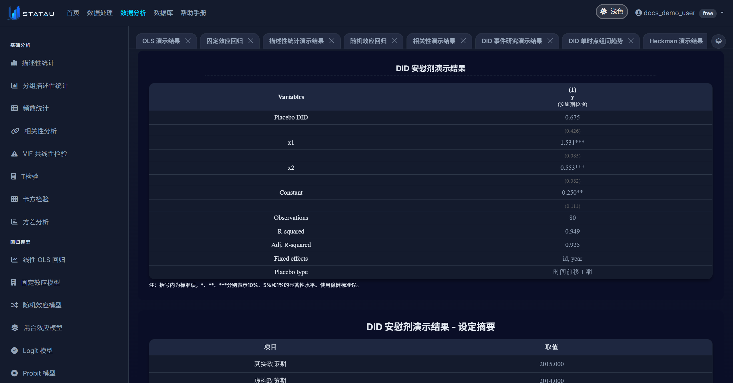 STATAU DID 安慰剂检验结果页截图