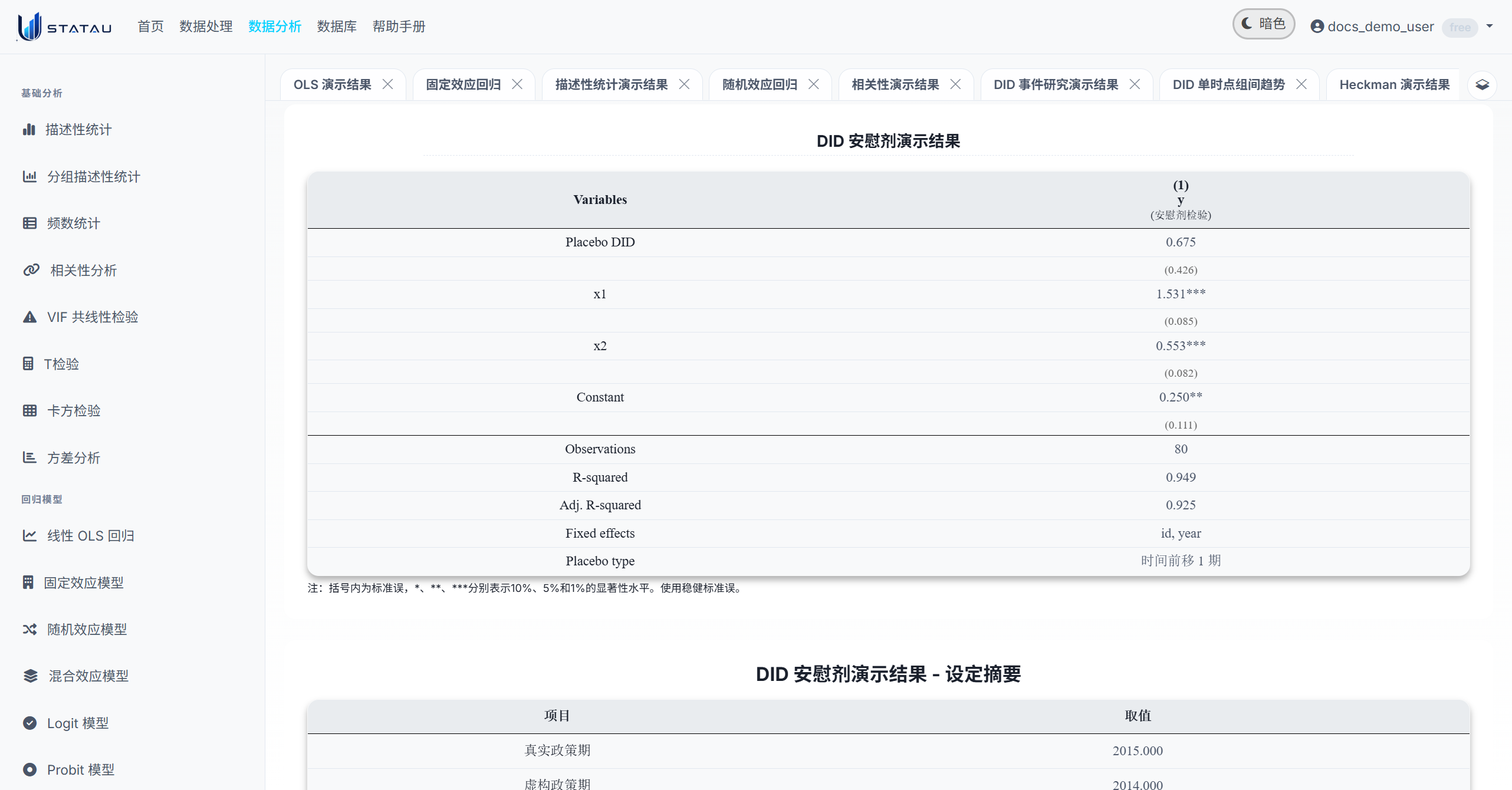 STATAU DID 安慰剂检验结果页截图