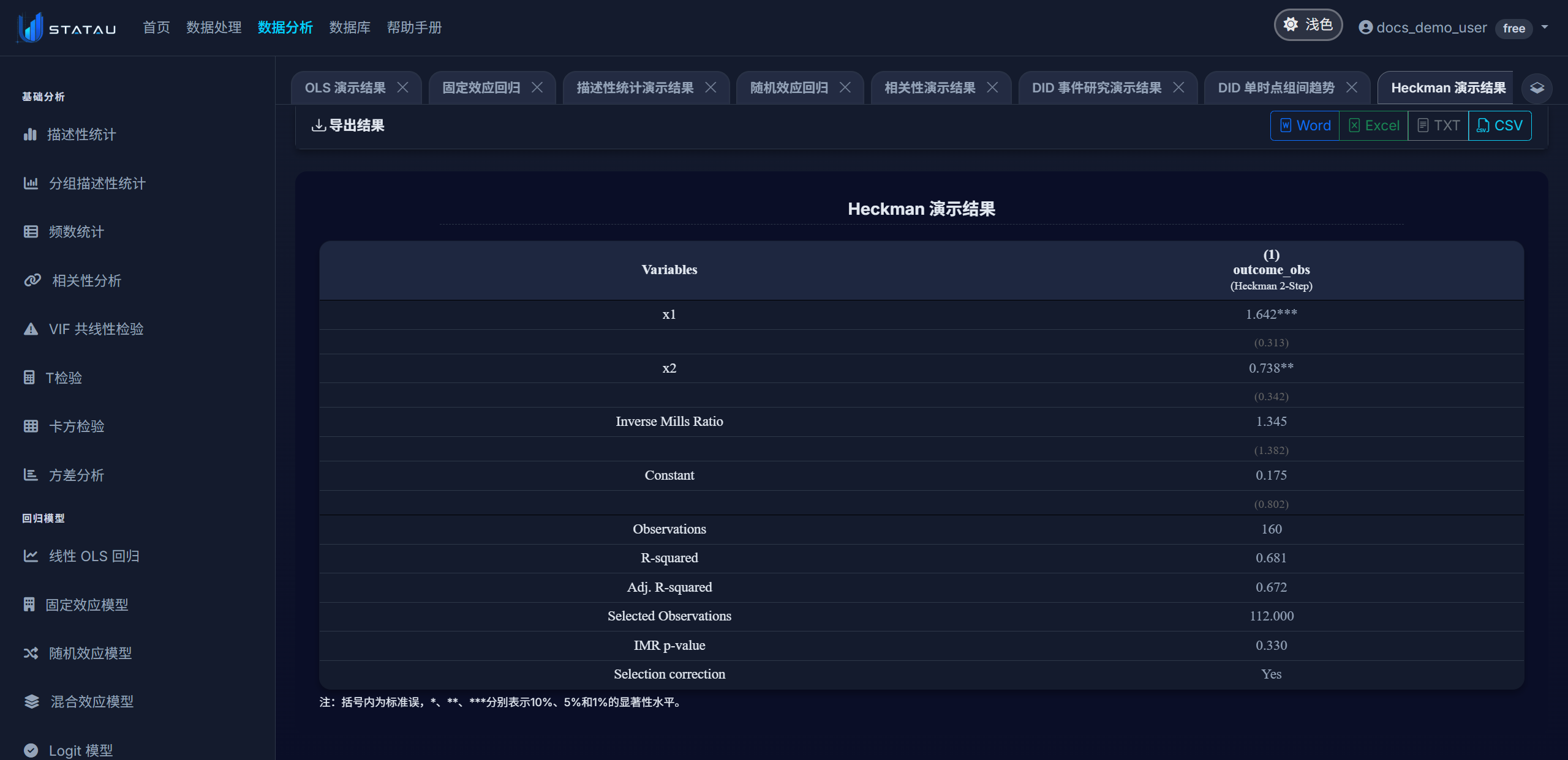 STATAU Heckman 结果页截图